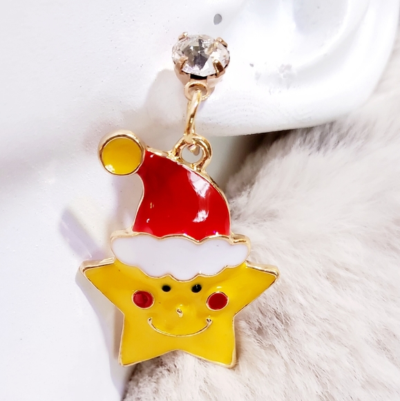 Gold plated crystal yellow red and white Christmas Santa Hat star earrings - Picture 7 of 12
